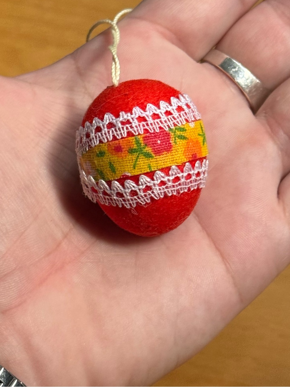 Vintage Red Easter Egg Hanging Ornament Floral Lace Made in Taiwan